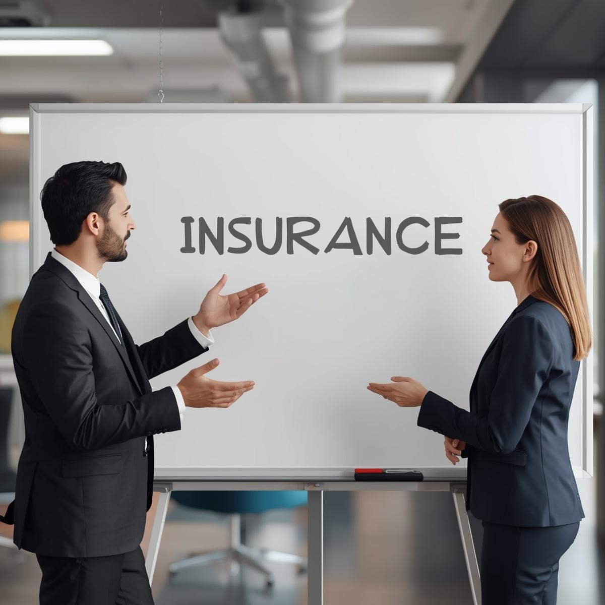 finance and insurance human talking with each other and there will be insurance written on board